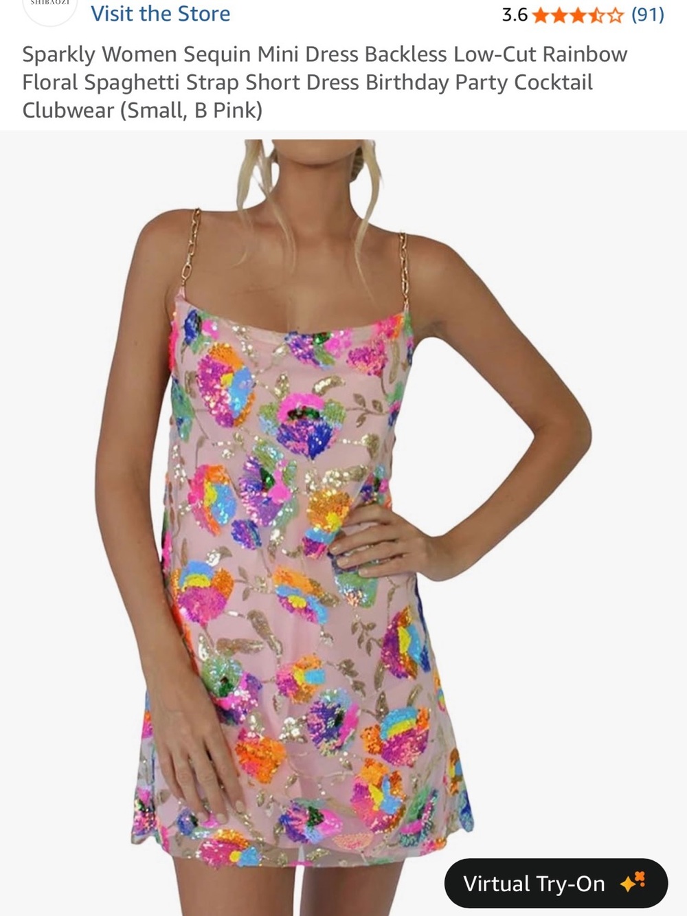 Pink Sequin Floral Mini Dress with Rainbow Accents